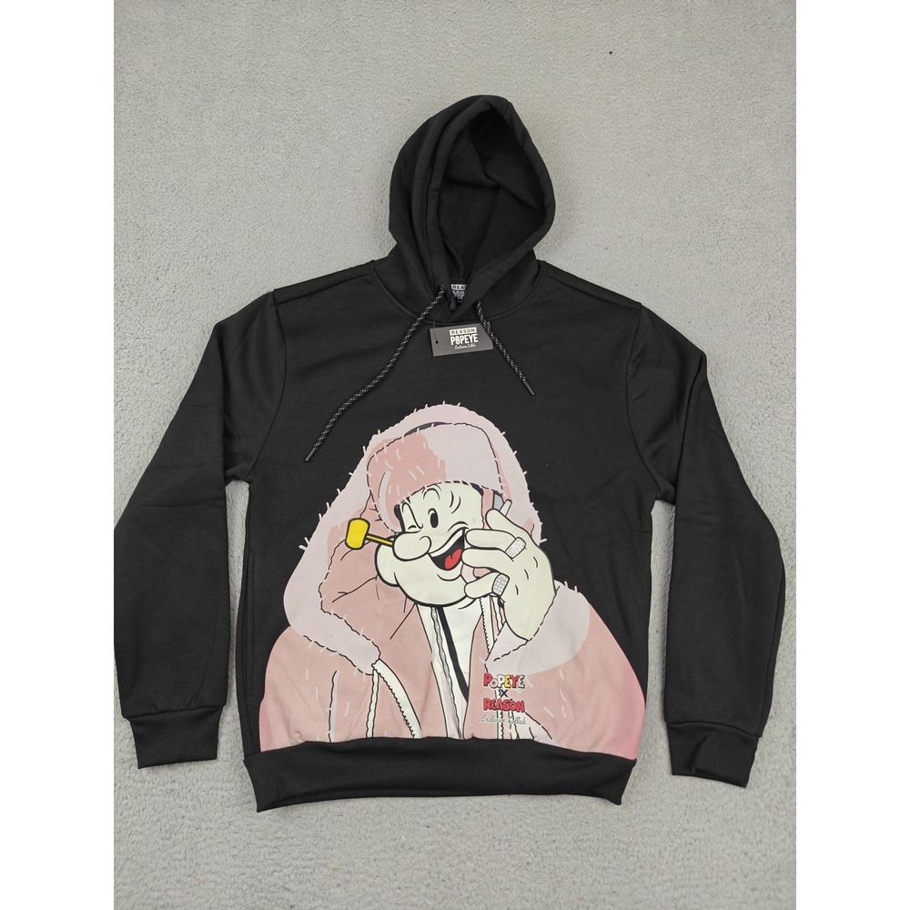 Popeye‎ Reason Hoodie Mens Medium Black Collab Graphic Fleece Pullover New